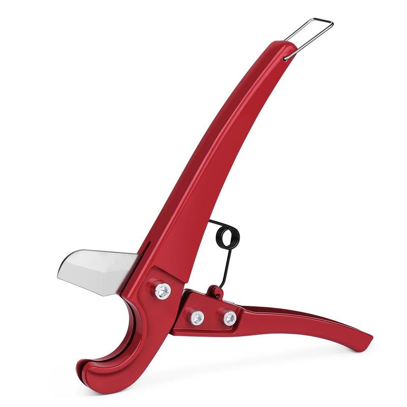Flexzion Pipe and Tube Cutter Tool - One-Handed PVC Pipe Cutter, 1/8" to 1-1/4" Durable PEX Cutting Tool, Aluminum Ratcheting PVC Cutter for Plumbers & DIY Enthusiasts, Red - Image 1